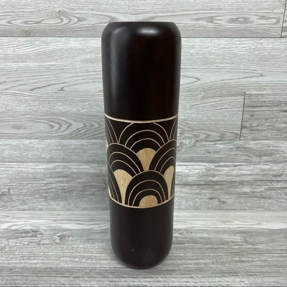 Cylinder Boho Rainbow Dark Brown Hand Carved Vase